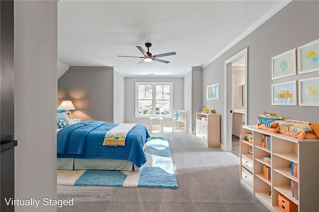 12995 Bucksport Dr, Roswell, GA 30075 - carpeted bedroom with ornamental molding and a ceiling fan