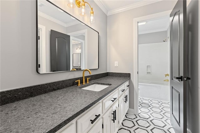12995 Bucksport Dr, Roswell, GA 30075 - full bath featuring vanity, ornamental molding, and shower / tub combination