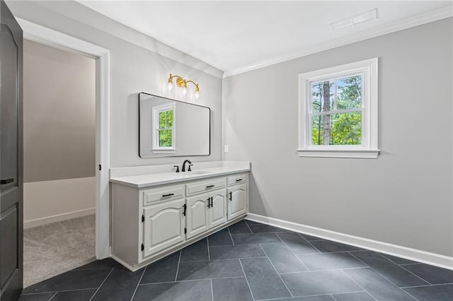12995 Bucksport Dr, Roswell, GA 30075 - bathroom with vanity, tile patterned flooring, ornamental molding, and baseboards