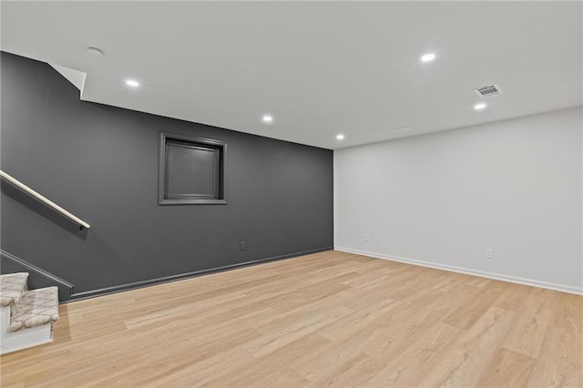 12995 Bucksport Dr, Roswell, GA 30075 - unfurnished room with stairs, light wood-type flooring, baseboards, and recessed lighting