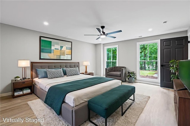 12995 Bucksport Dr, Roswell, GA 30075 - bedroom featuring light wood-style floors, baseboards, access to exterior, recessed lighting, and a ceiling fan