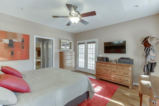 bedroom featuring ceiling fan, access to exterior, light wood-type flooring, and french doors