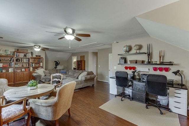 dining area with dark hardwood / wood-style flooring, lofted ceiling, and ceiling fan