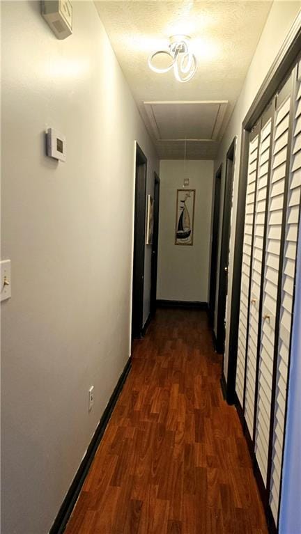 corridor with dark hardwood / wood-style flooring and a textured ceiling