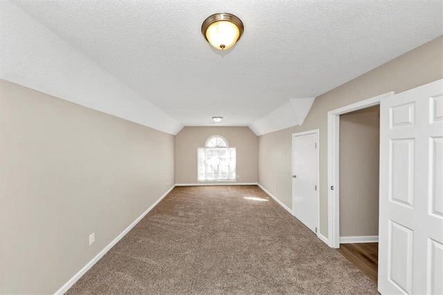 additional living space with lofted ceiling, carpet, and a textured ceiling