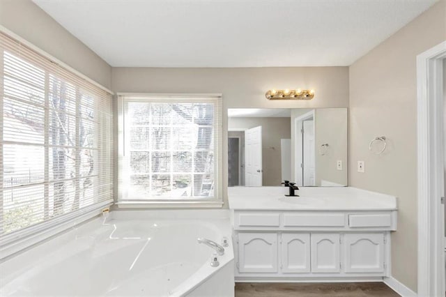 bathroom featuring vanity, a bath, and hardwood / wood-style flooring