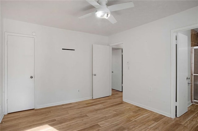 unfurnished bedroom featuring light hardwood / wood-style flooring and ceiling fan