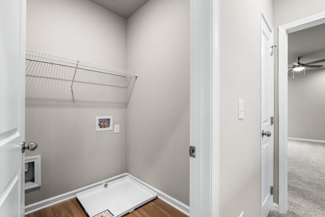 laundry room featuring hookup for a washing machine, carpet floors, and ceiling fan