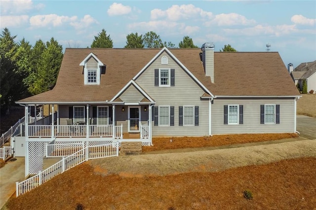 view of front of house featuring covered porch and a chimney