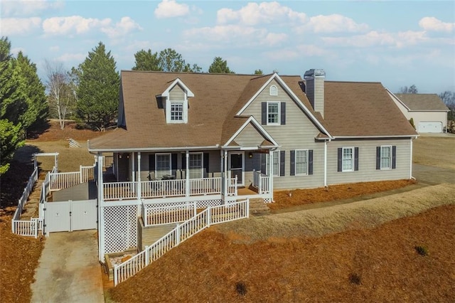 view of front of house featuring a porch, a chimney, fence, and a gate