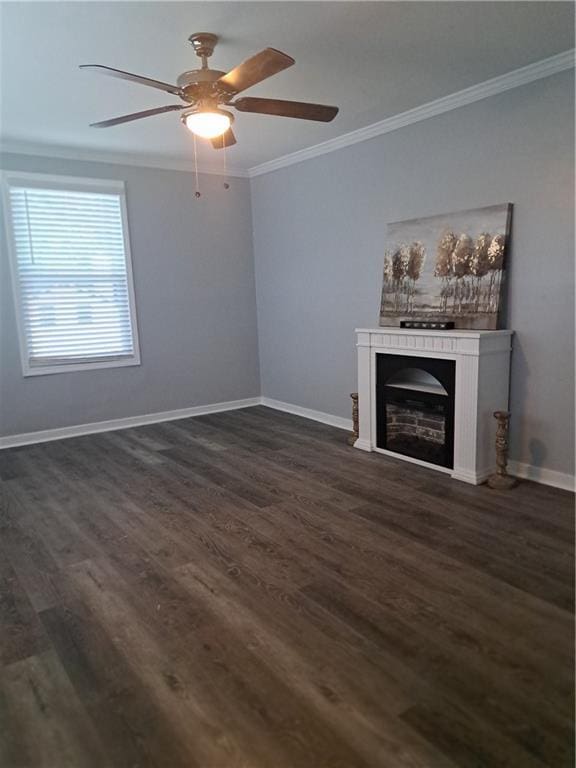 1290 Elizabeth Ave, Atlanta, GA 30310 - unfurnished living room with crown molding, a fireplace, baseboards, ceiling fan, and dark wood-style floors