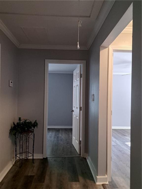 1290 Elizabeth Ave, Atlanta, GA 30310 - hall featuring crown molding, attic access, baseboards, and wood finished floors