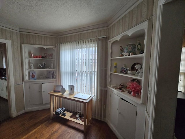 interior space featuring dark wood-type flooring, a textured ceiling, and crown molding