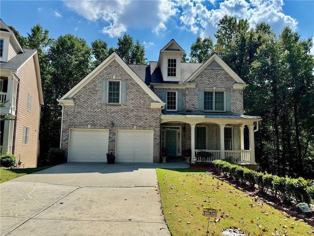 2822 Salem Oak Way, Duluth, GA 30096 - traditional-style home with a porch, brick siding, concrete driveway, and an attached garage
