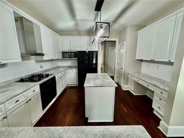 2822 Salem Oak Way, Duluth, GA 30096 - kitchen with black appliances, wall chimney range hood, a center island, and white cabinets