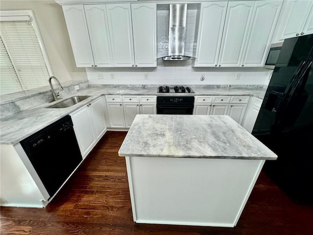 2822 Salem Oak Way, Duluth, GA 30096 - kitchen featuring black appliances, wall chimney exhaust hood, a sink, a kitchen island, and light stone countertops