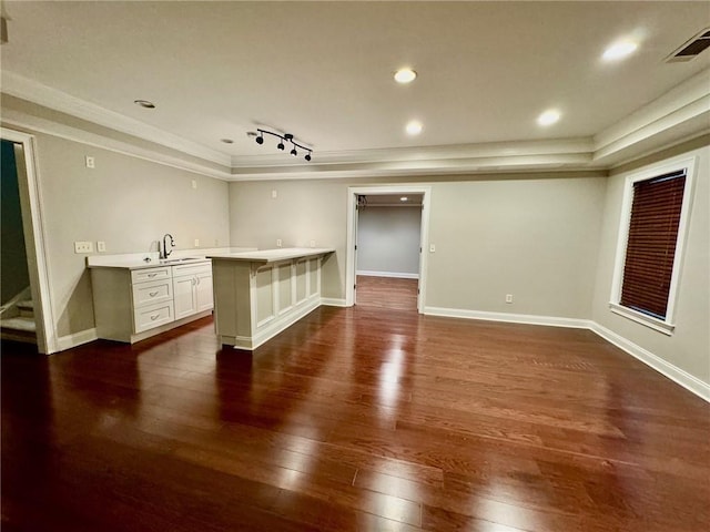 2822 Salem Oak Way, Duluth, GA 30096 - bar with crown molding, a sink, dark wood-style flooring, baseboards, and recessed lighting
