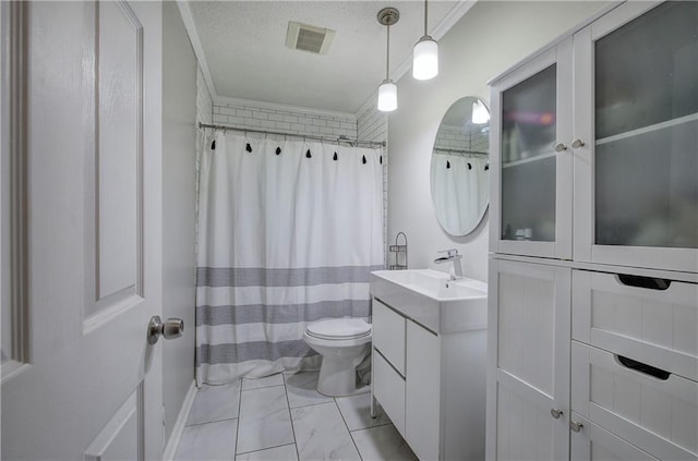 1837 Lochlomand Ln SE, Smyrna, GA 30080 - bathroom featuring toilet, vanity, marble finish flooring, crown molding, and a shower with shower curtain