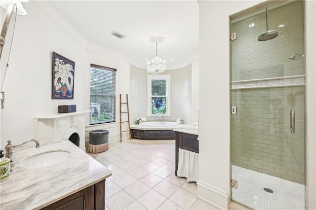 full bath with an inviting chandelier, tile patterned flooring, visible vents, a bath, and a stall shower
