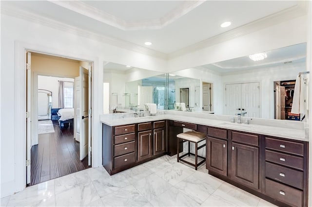 bathroom featuring vanity, crown molding, and a tray ceiling