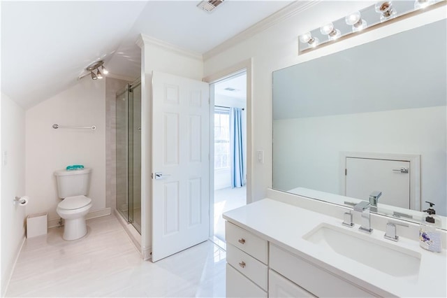 bathroom featuring vanity, toilet, walk in shower, and vaulted ceiling