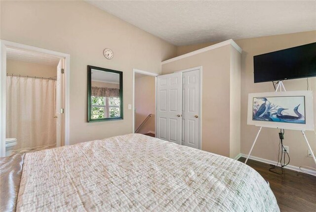 bedroom featuring ensuite bathroom, dark hardwood / wood-style floors, and vaulted ceiling