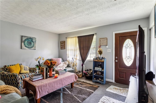 living room with a textured ceiling and carpet flooring