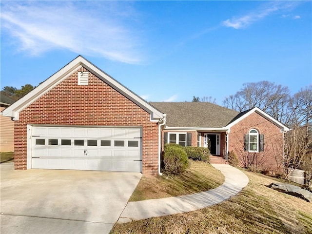 ranch-style house featuring a garage, driveway, brick siding, and a shingled roof