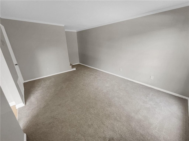 spare room featuring ornamental molding and dark colored carpet