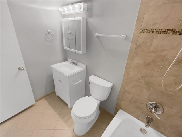 full bathroom with vanity, toilet, tiled shower / bath combo, and tile patterned flooring