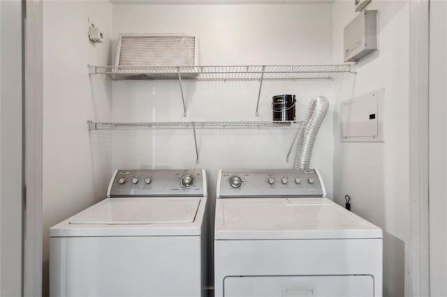 laundry area with washing machine and dryer and electric panel