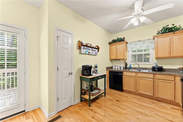 127 Walkabout Way, Dahlonega, GA 30533 - kitchen with dishwasher, light brown cabinetry, light wood finished floors, and a ceiling fan