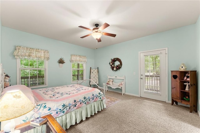 127 Walkabout Way, Dahlonega, GA 30533 - carpeted bedroom with access to exterior and ceiling fan