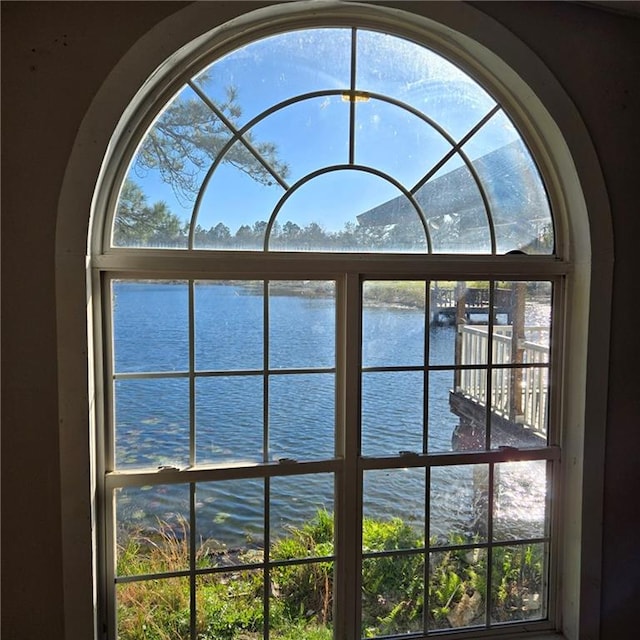 interior details with a water view