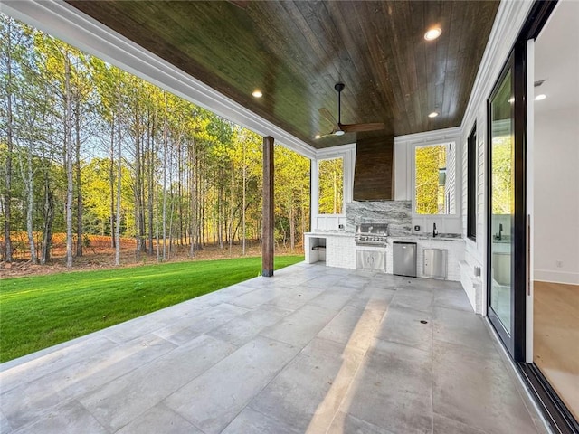 view of patio / terrace featuring sink, grilling area, area for grilling, and ceiling fan