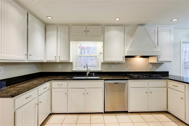 kitchen with dishwasher, black gas cooktop, custom exhaust hood, white cabinetry, and a sink