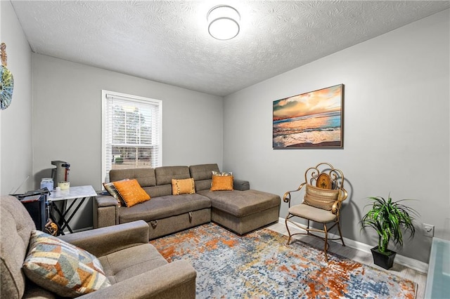 living room featuring a textured ceiling, baseboards, and wood finished floors