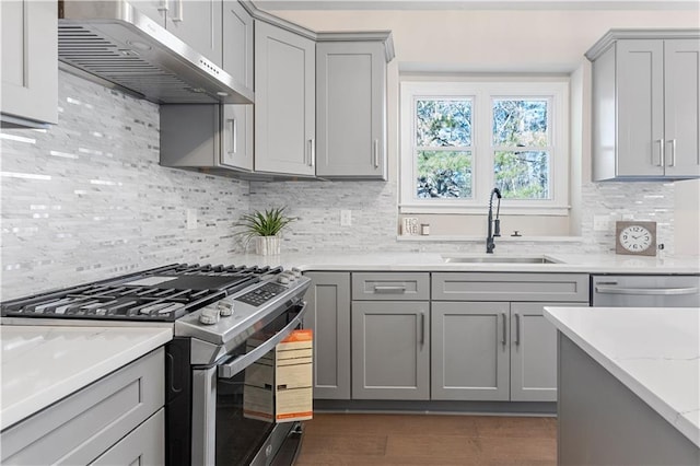 kitchen featuring a sink, stainless steel appliances, gray cabinets, under cabinet range hood, and backsplash