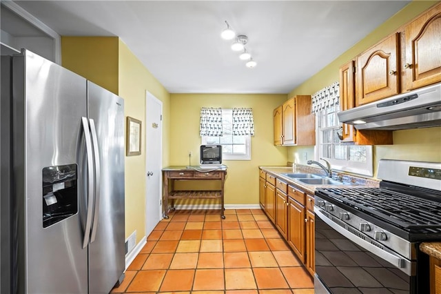 kitchen with stainless steel appliances, plenty of natural light, a sink, and under cabinet range hood