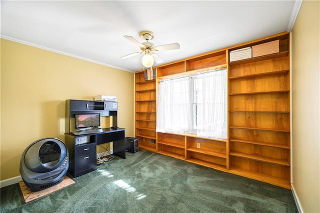 carpeted office space with a ceiling fan, crown molding, and baseboards