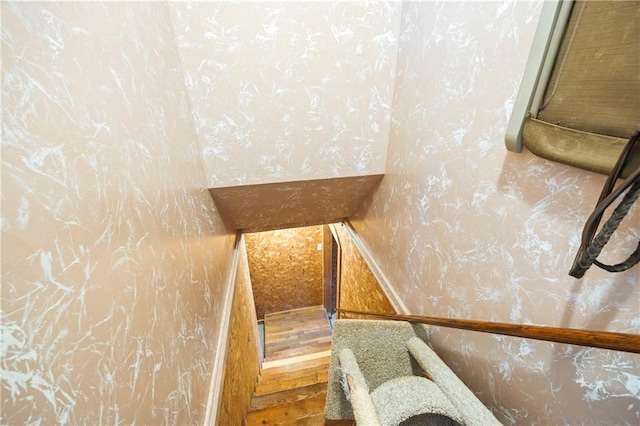 stairs with wallpapered walls