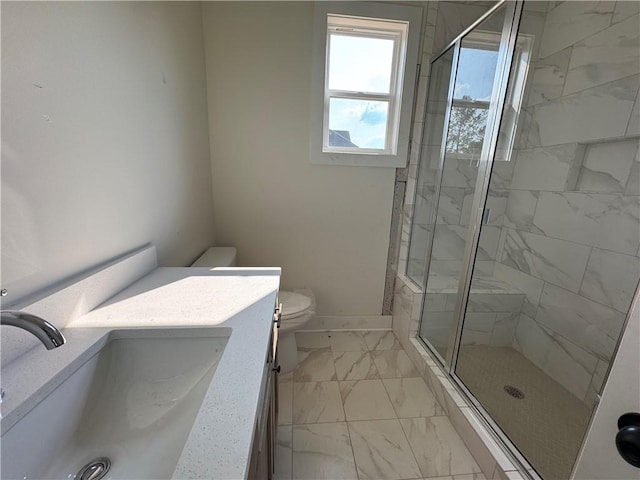 1010 Cable Rd, Waleska, GA 30183 - full bathroom featuring marble look tile flooring, toilet, vanity, and a shower stall