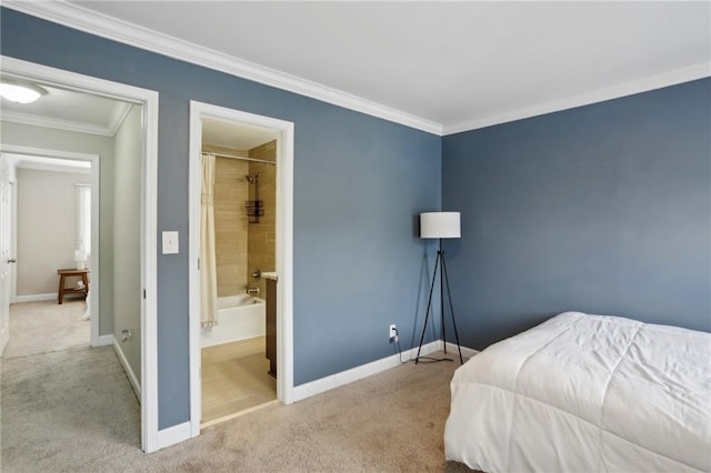 bedroom featuring baseboards, carpet floors, and ornamental molding