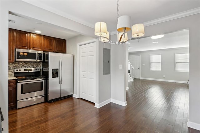 kitchen with electric panel, stainless steel appliances, crown molding, and an inviting chandelier