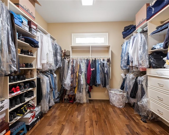 spacious closet with dark hardwood / wood-style flooring