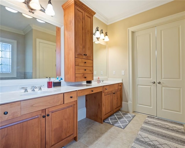 bathroom featuring crown molding, tile patterned flooring, and vanity