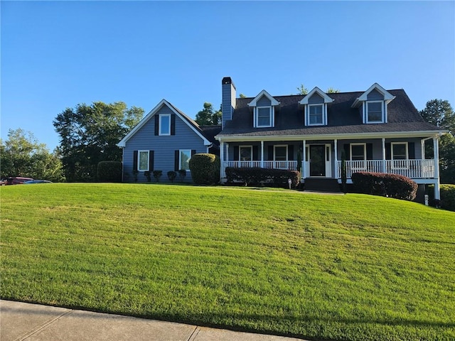 2467 Sky Valley Dr, Dacula, GA 30019 - cape cod house featuring a porch, a front yard, and a chimney