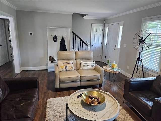 2467 Sky Valley Dr, Dacula, GA 30019 - living area featuring dark wood-type flooring, stairway, and ornamental molding