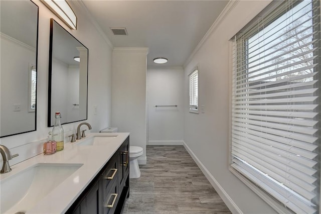 2467 Sky Valley Dr, Dacula, GA 30019 - bathroom featuring double vanity, wood finished floors, and ornamental molding