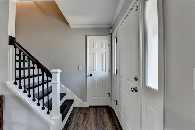 2467 Sky Valley Dr, Dacula, GA 30019 - foyer featuring dark wood-style floors, crown molding, and stairway
